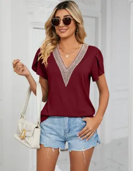 Plain Gold Lace V Neck Short Sleeve T-shirt