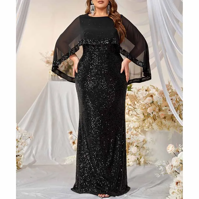 Plus Size Sequined Cape Overlay Prom Dress In Black