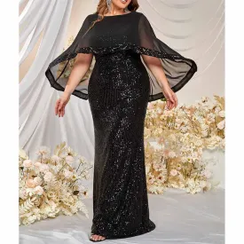 Plus Size Sequined Cape Overlay Prom Dress In Black