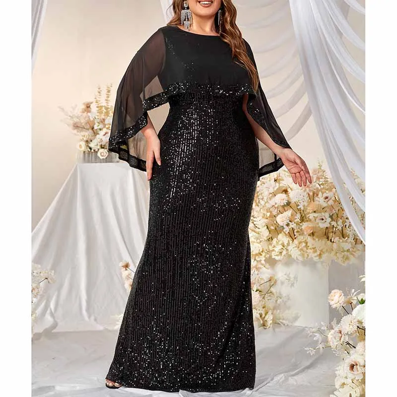 Plus Size Sequined Cape Overlay Prom Dress In Black