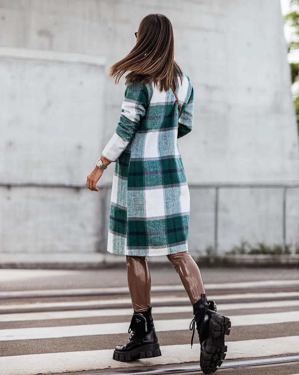 Printed Mid-length Plaid Wool Coat