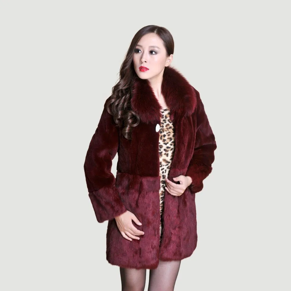 Real REX Rabbit Fur Coat Fox Fur Collar Long Winters' Coat Jacket Women' Overcoat 3 Colors Top Quality Fur FS13064