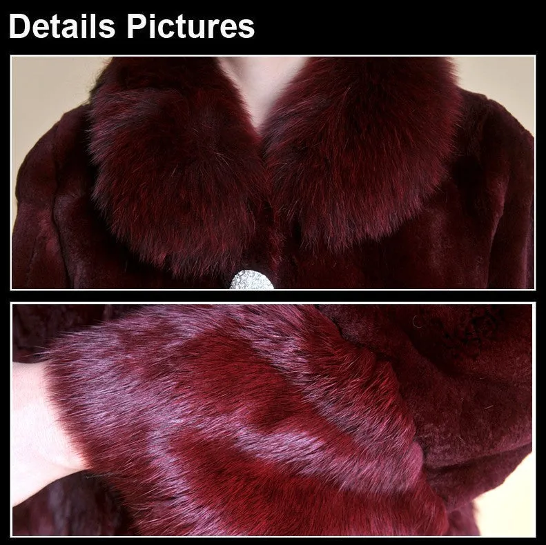 Real REX Rabbit Fur Coat Fox Fur Collar Long Winters' Coat Jacket Women' Overcoat 3 Colors Top Quality Fur FS13064