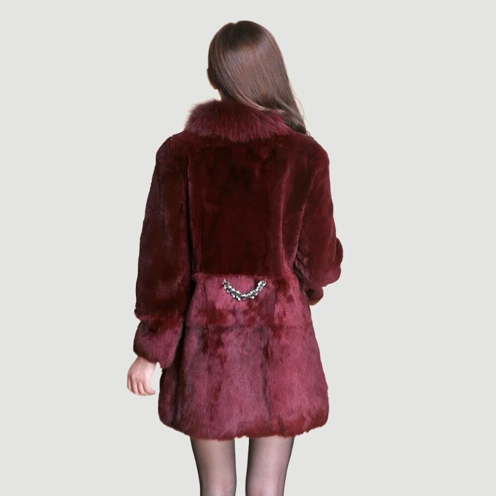 Real REX Rabbit Fur Coat Fox Fur Collar Long Winters' Coat Jacket Women' Overcoat 3 Colors Top Quality Fur FS13064