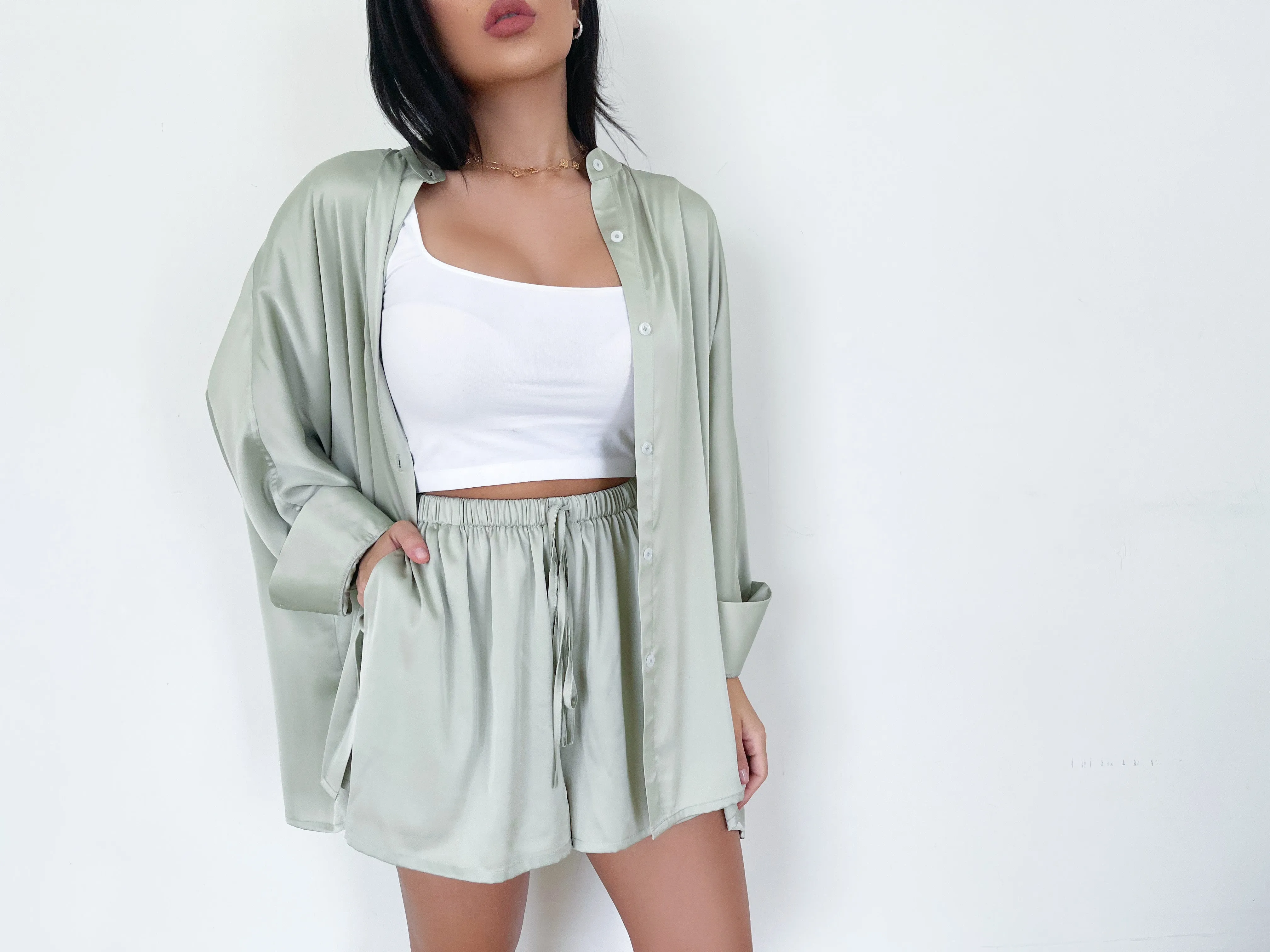 SAGE COLLARLESS OVERSIZED SILK SHIRT