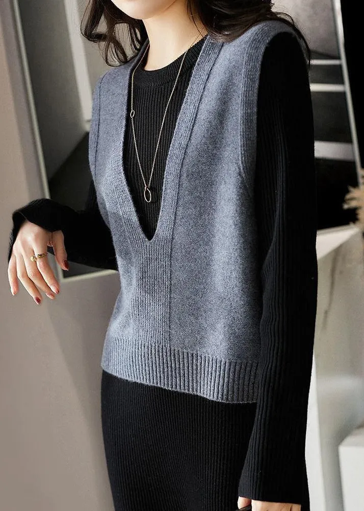 Simple Dark Gray V Neck Patchwork Knit Waistcoat Sleeveless