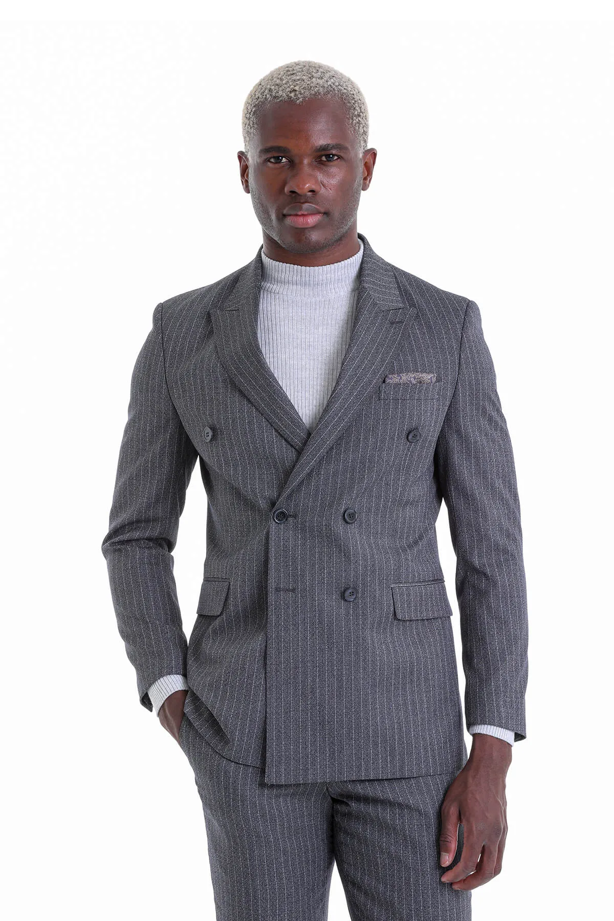 Slim Fit Double Breasted Black Striped Classic Suit