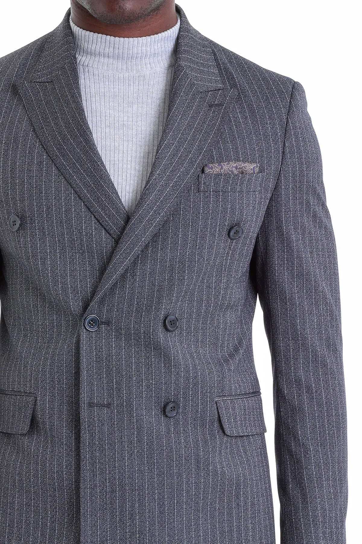 Slim Fit Double Breasted Black Striped Classic Suit