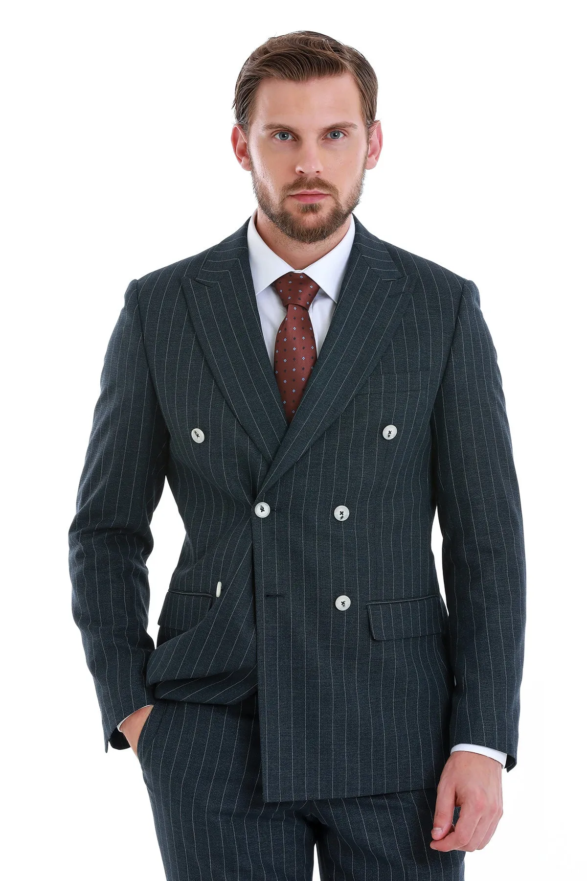 Slim Fit Double Breasted Navy Striped Casual Suit