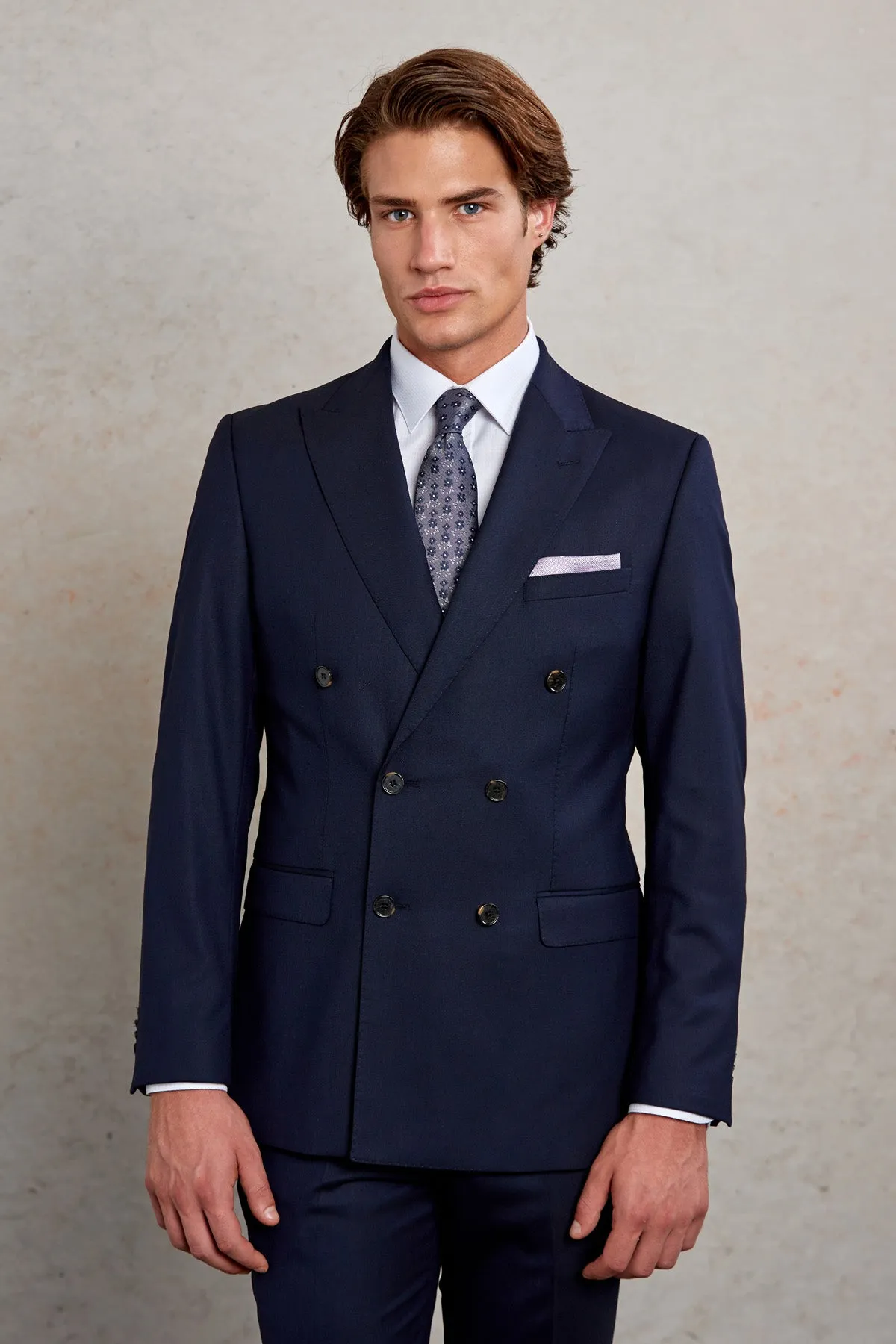 Slim Fit Double Breasted Navy Wool Blend Classic Suit