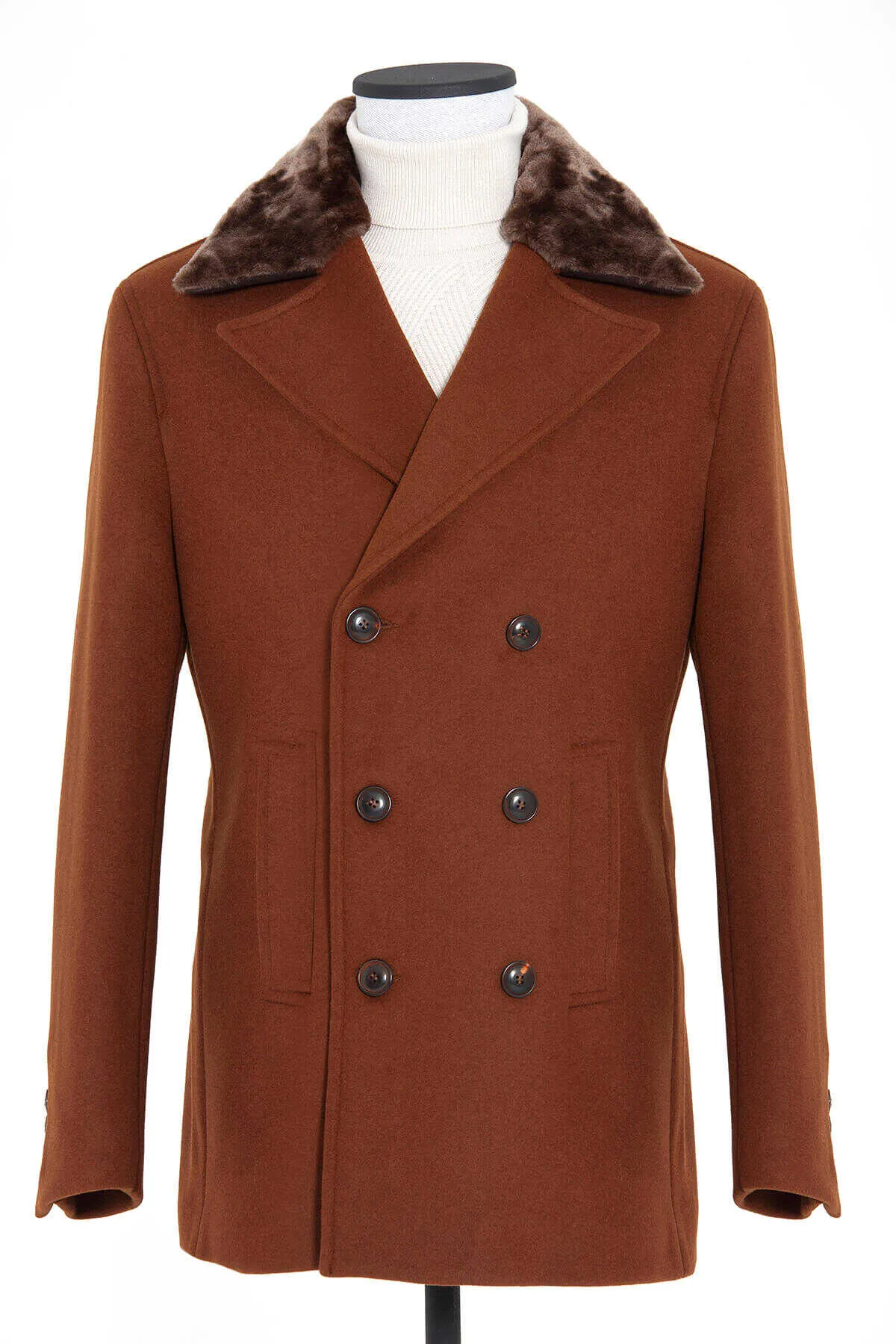 Slim Fit Faux Fur Notch Lapel Cinnamon Wool Blend Coat