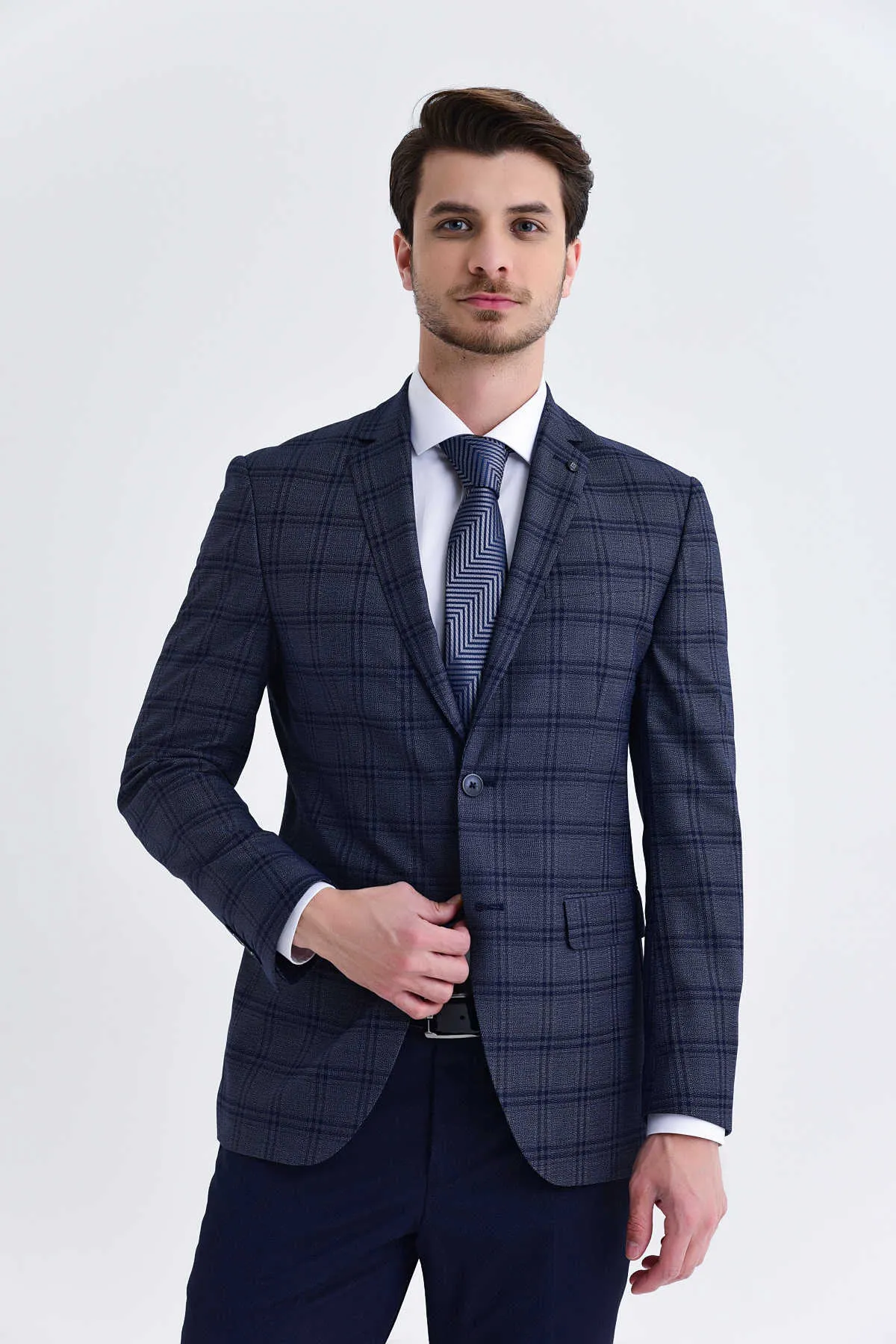 Slim Fit Notch Lapel Plaid Dark Navy Casual Suit