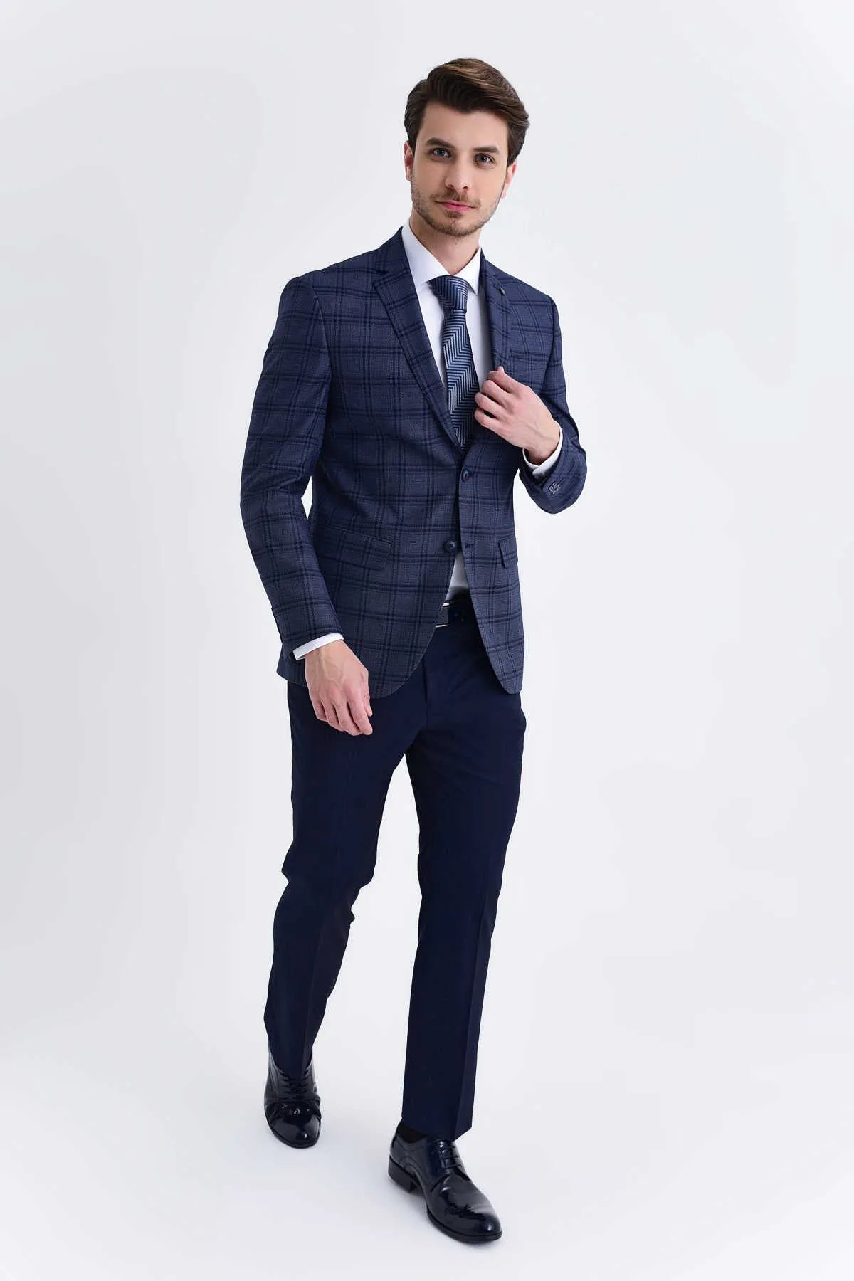 Slim Fit Notch Lapel Plaid Dark Navy Casual Suit