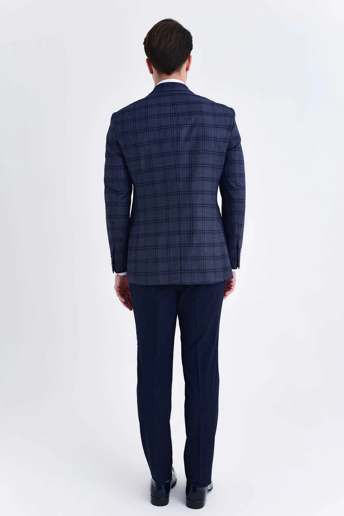 Slim Fit Notch Lapel Plaid Dark Navy Casual Suit