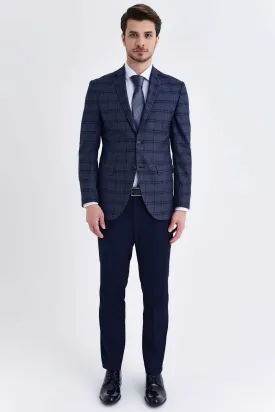 Slim Fit Notch Lapel Plaid Dark Navy Casual Suit