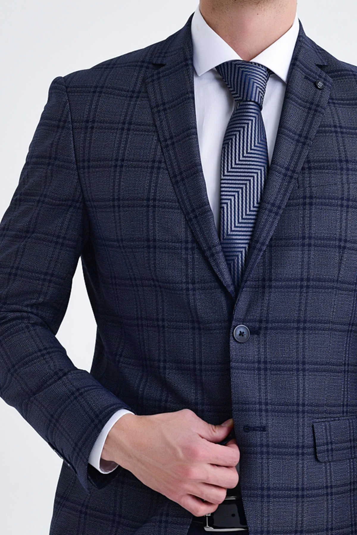 Slim Fit Notch Lapel Plaid Dark Navy Casual Suit