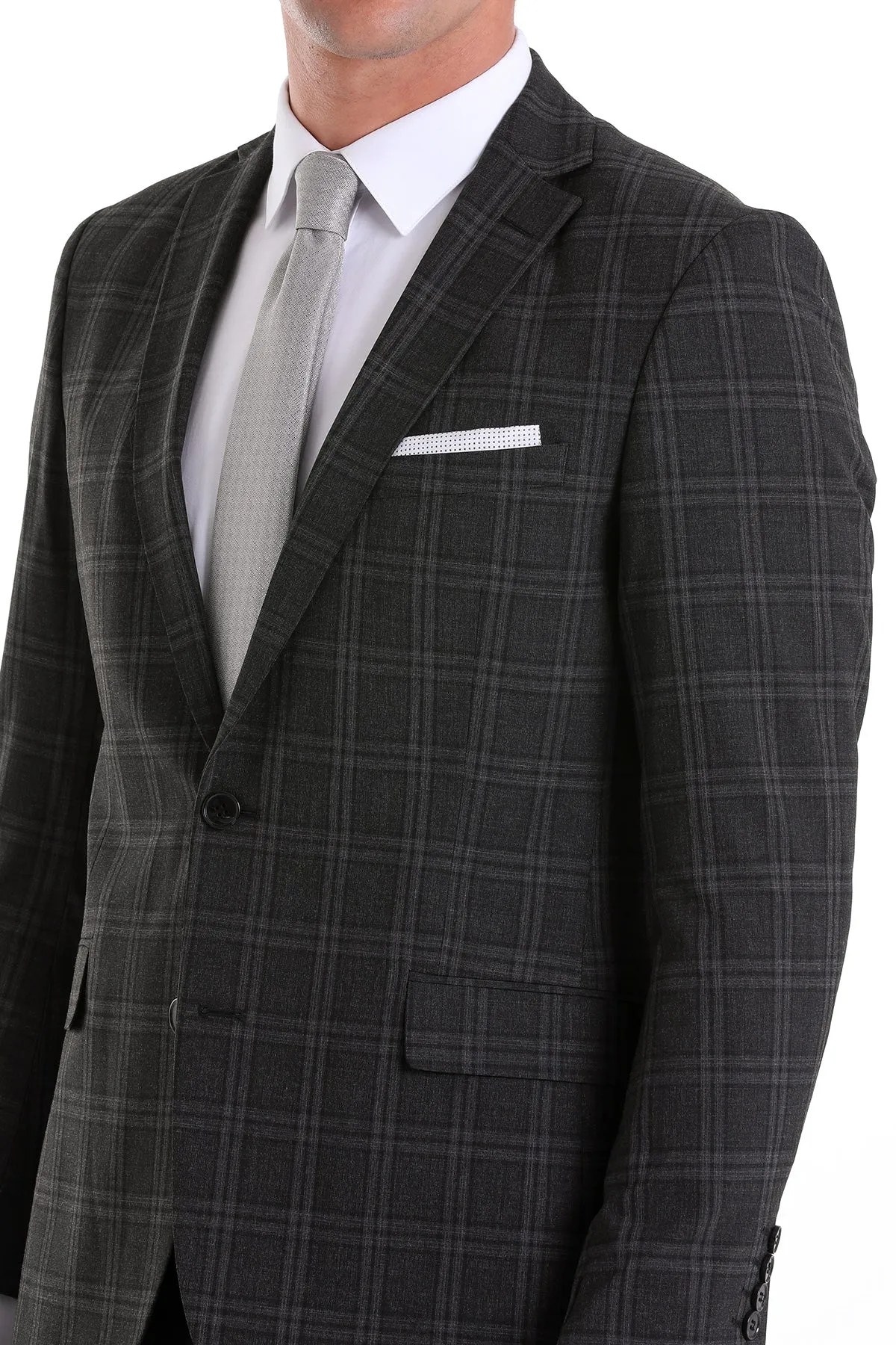 Slim Fit Notch Lapel Plaid Wool Blend Charcoal Casual Suit