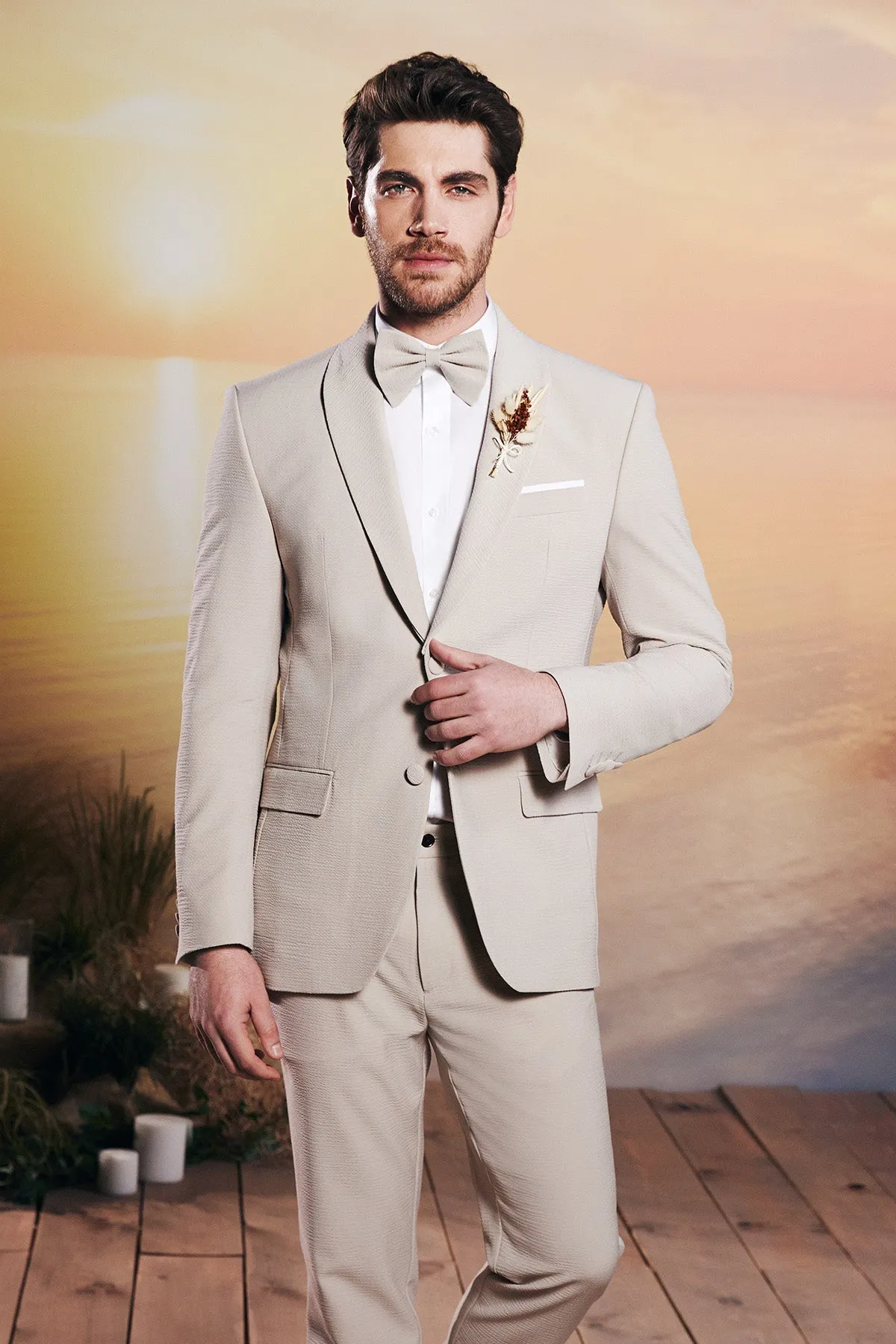 Slim Fit Notch Lapel Plain Casual Suit, Beige