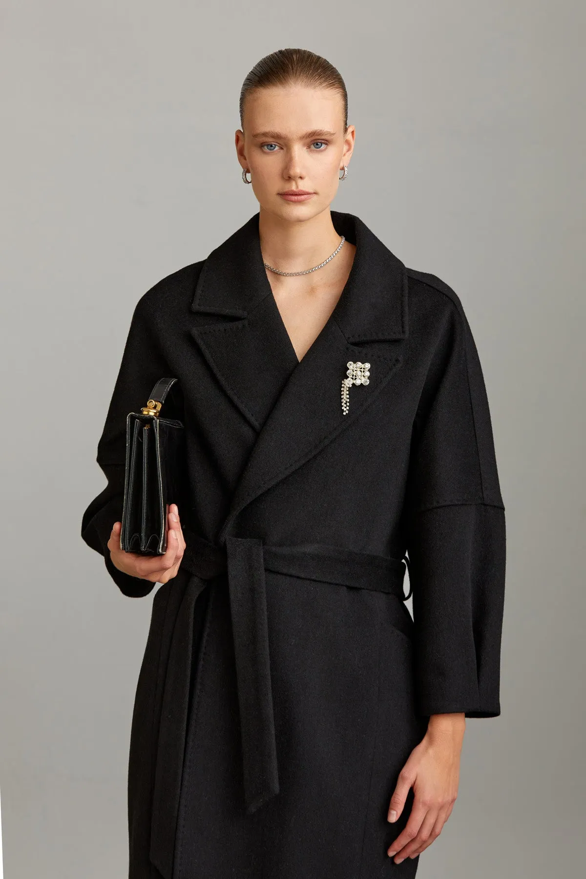 Slim Fit Sofia Notch Lapel Belted Cachet Wool Coat