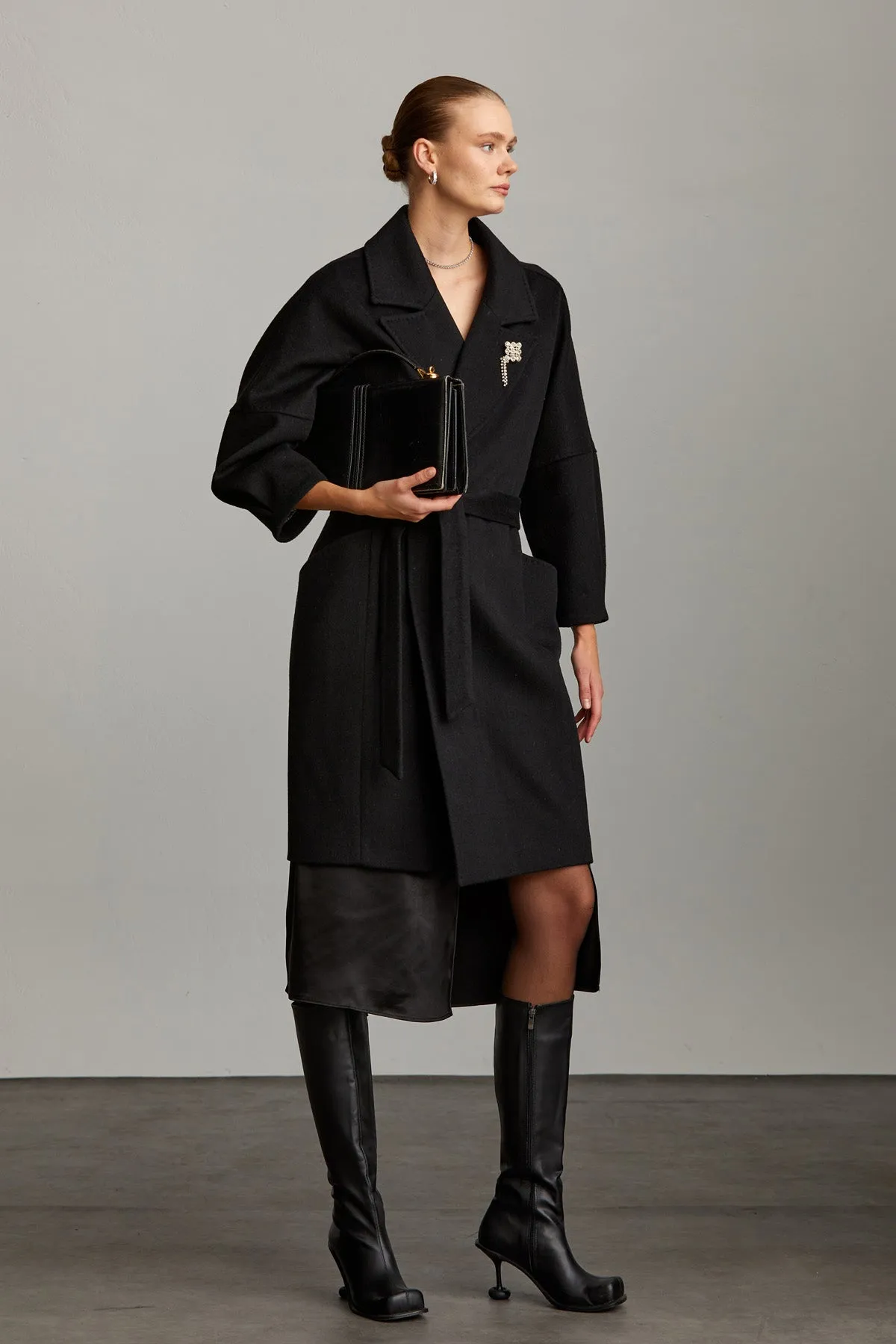 Slim Fit Sofia Notch Lapel Belted Cachet Wool Coat