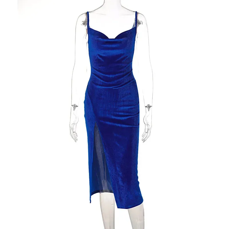 Summer Velvet Midi: Elegant Evening Gown for Women - Sleeveless, Off-Shoulder, Backless