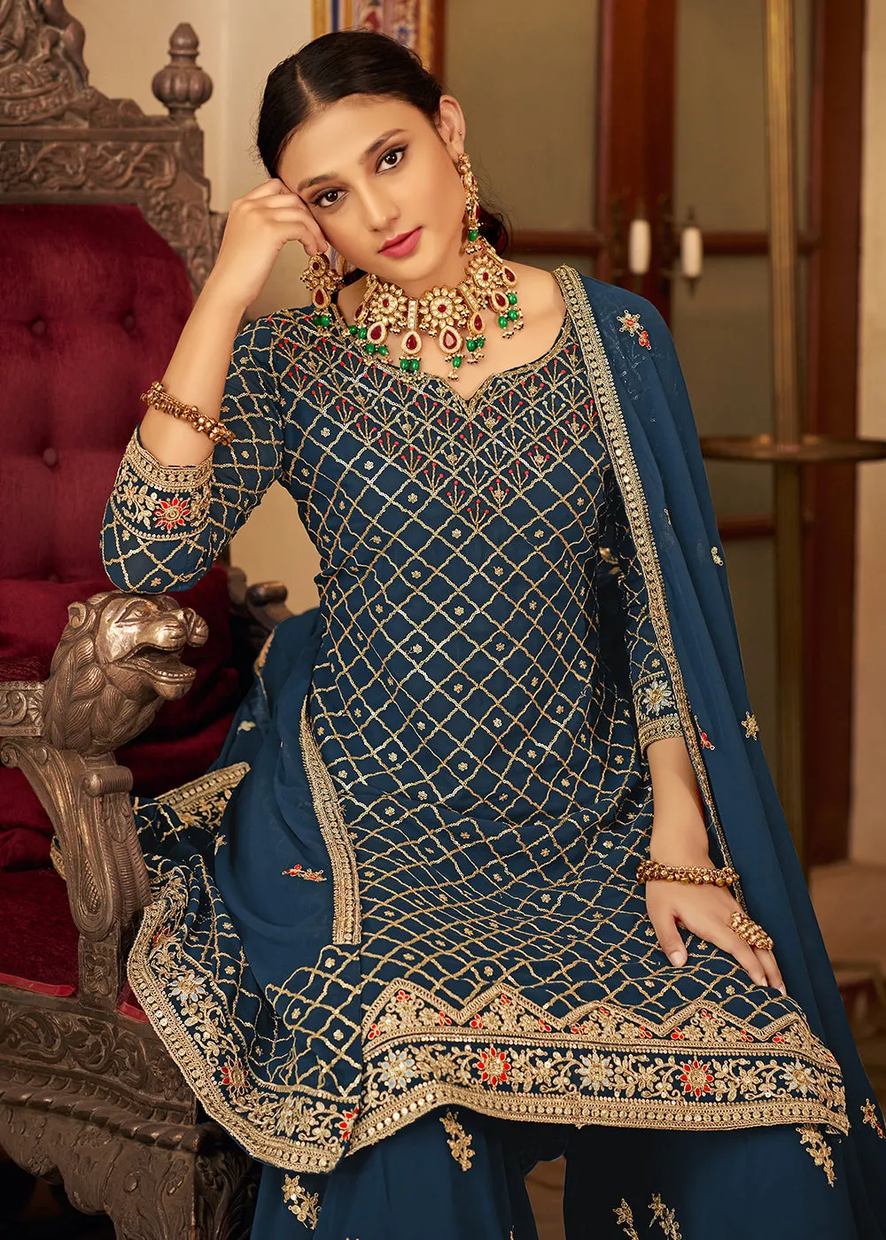 Teal Blue Embroidered Designer Festive Palazzo Suit