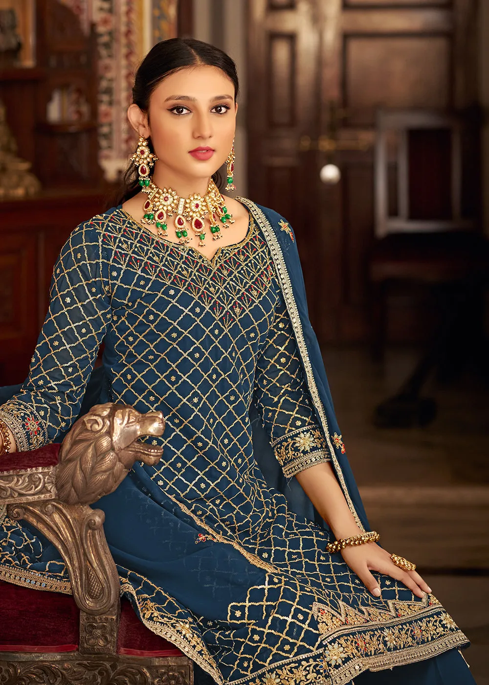 Teal Blue Embroidered Designer Festive Palazzo Suit