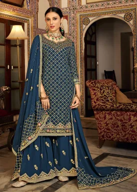 Teal Blue Embroidered Designer Festive Palazzo Suit