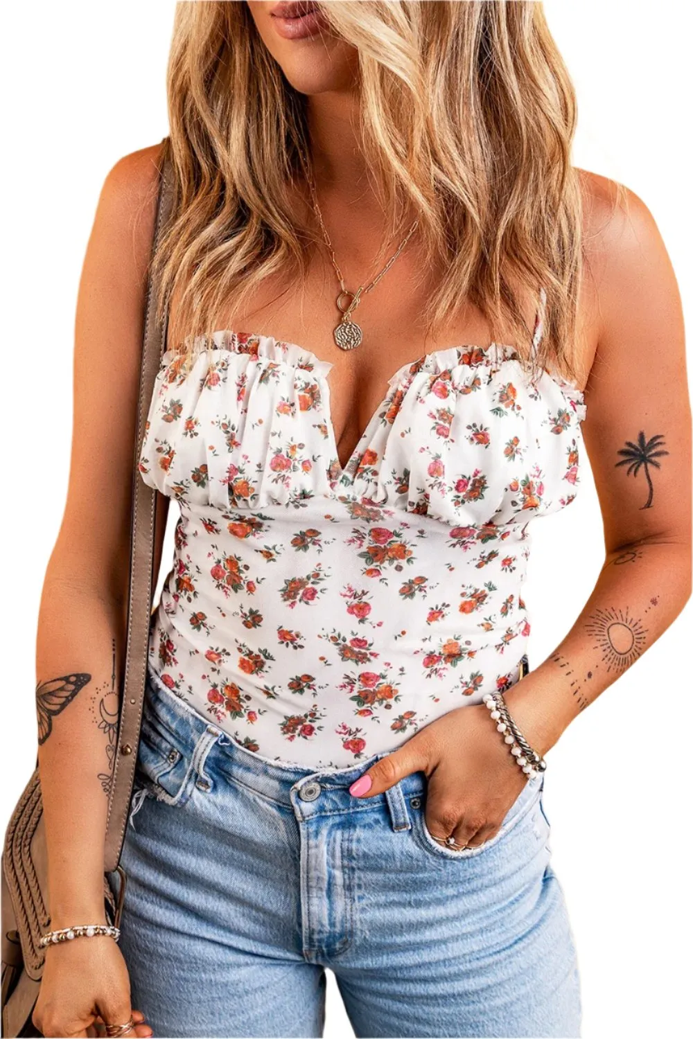 TEEK - Floral Frill Notched Spaghetti Strap Bodysuit