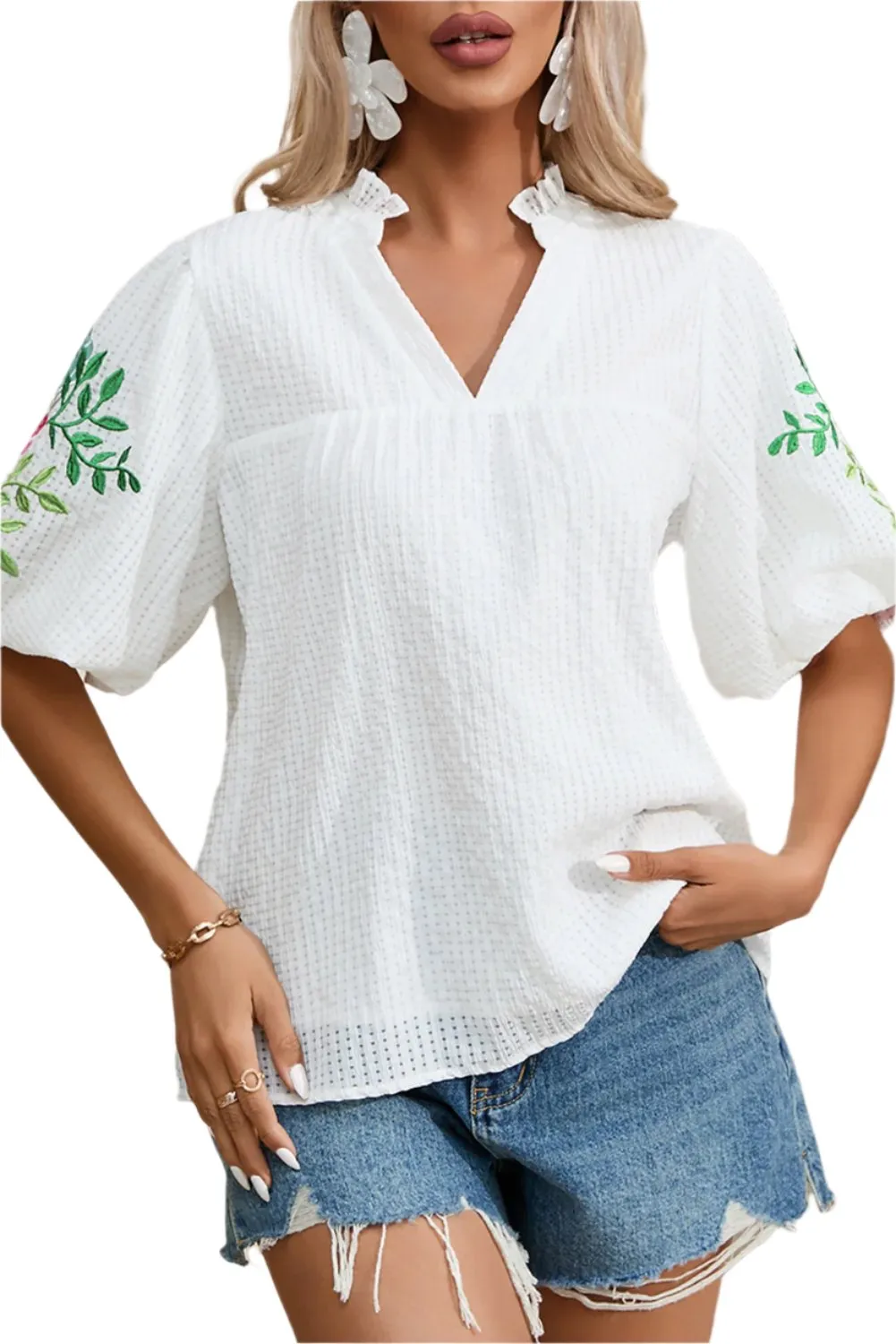 TEEK - White Embroidered Half Sleeve Blouse