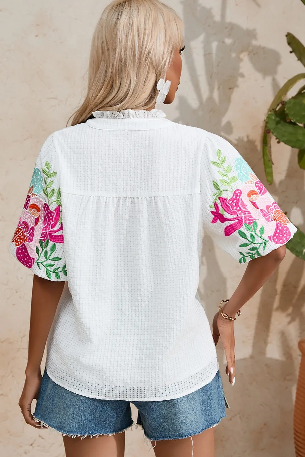 TEEK - White Embroidered Half Sleeve Blouse