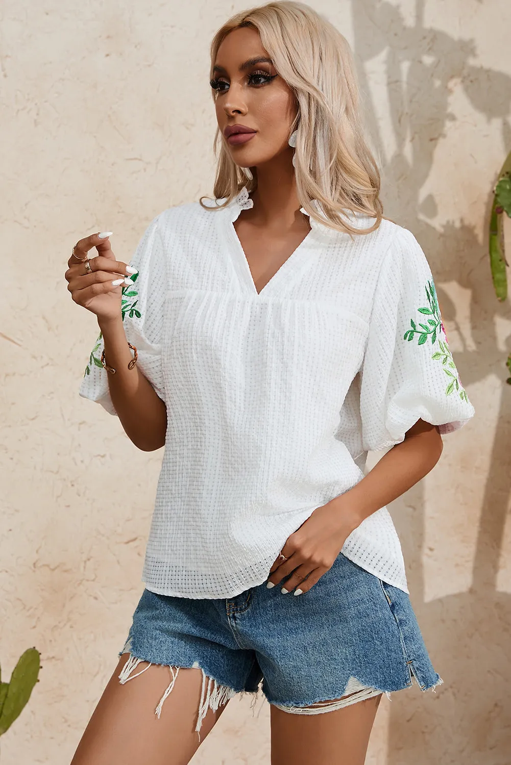 TEEK - White Embroidered Half Sleeve Blouse