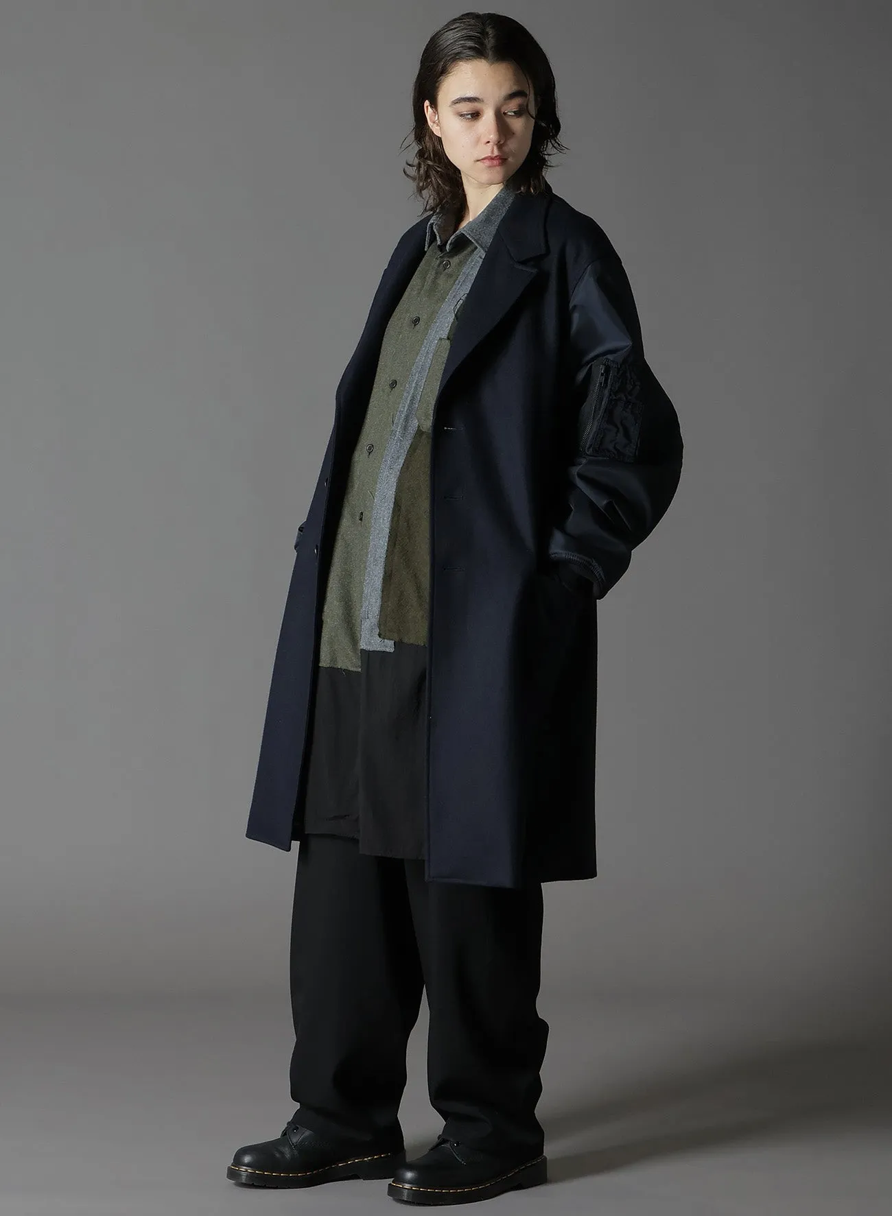 TOP DYED LIGHT FLANNEL  NYLON TWILL LONG JACKET MA-1 SLEEVE