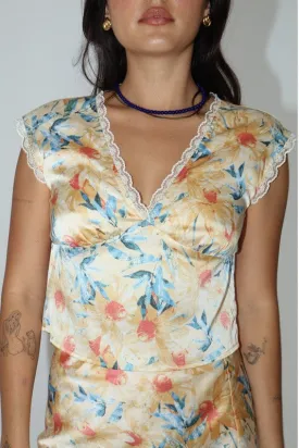 TRINITY FLORAL SATIN TOP WITH LACE TRIM