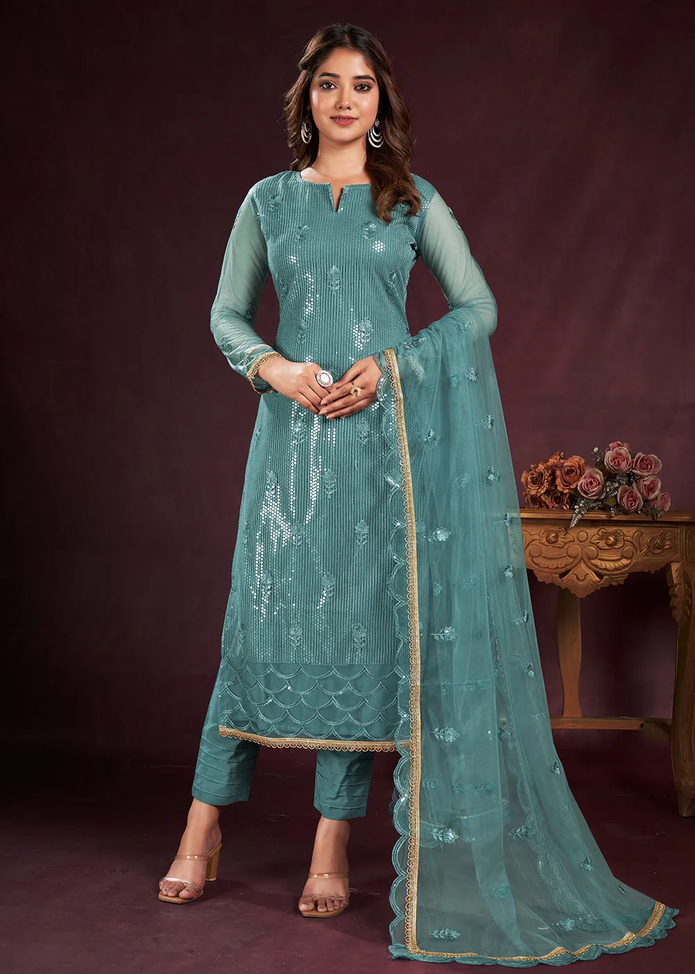 Turquoise Blue Butterfly Net Embroidered Festive Salwar Suit