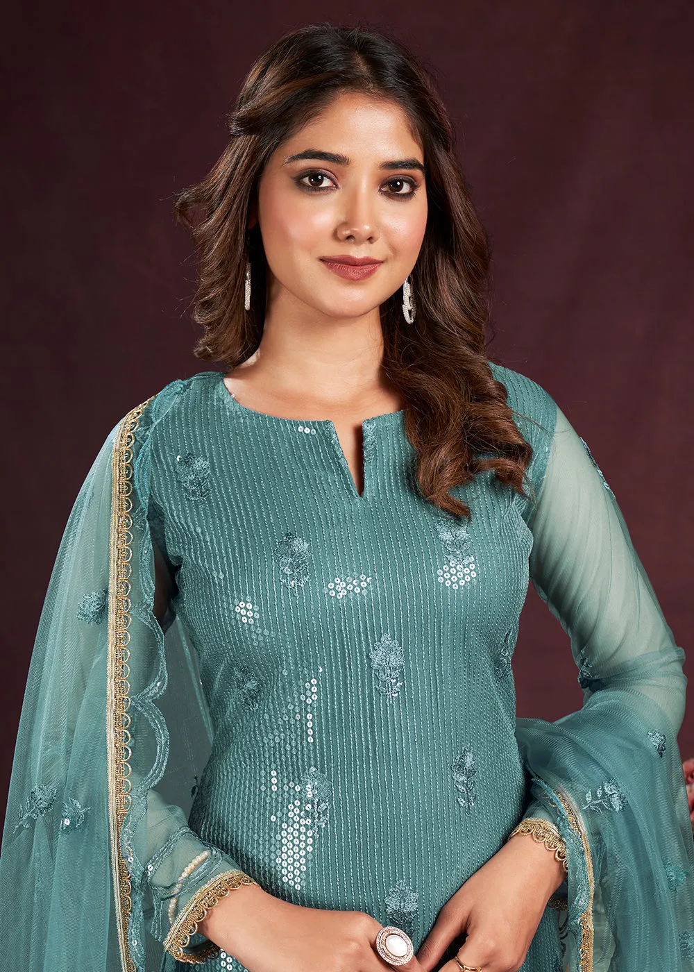 Turquoise Blue Butterfly Net Embroidered Festive Salwar Suit