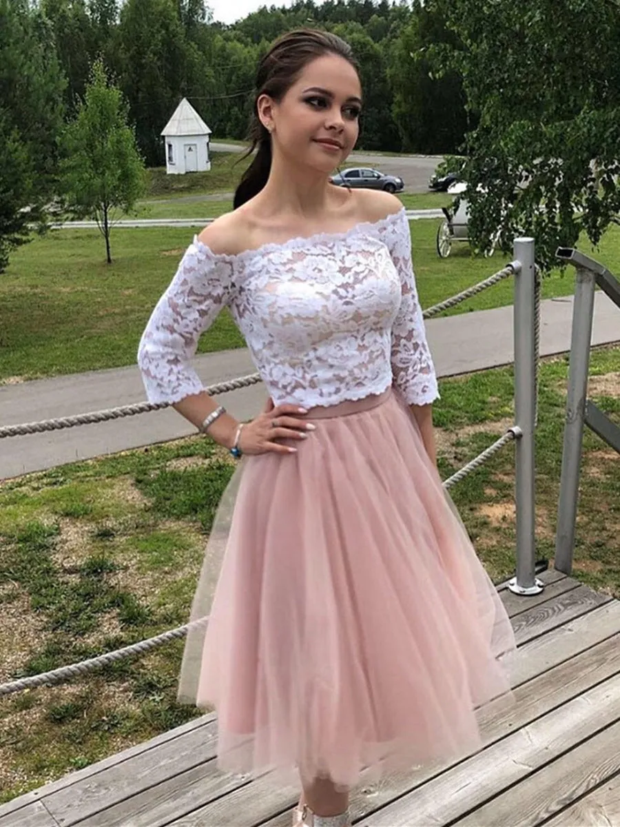 Two Pieces Long Sleeves White Lace Top Pink Short Prom Homecoming, Long Sleeves Lace Formal, Evening