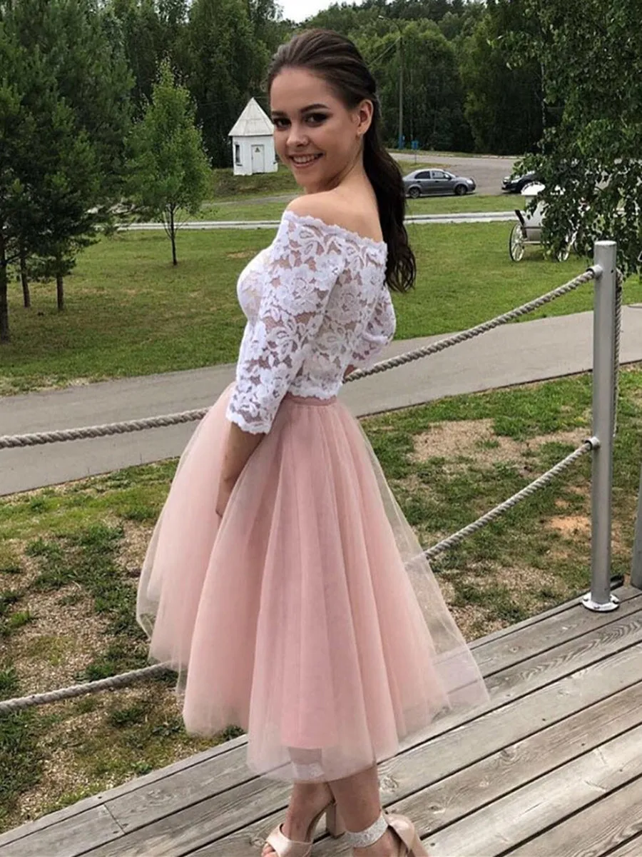 Two Pieces Long Sleeves White Lace Top Pink Short Prom Homecoming, Long Sleeves Lace Formal, Evening