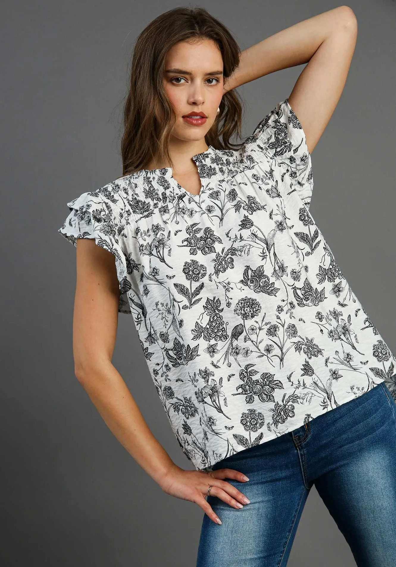 Umgee Two Toned Floral Print Boxy Cut Top in Black