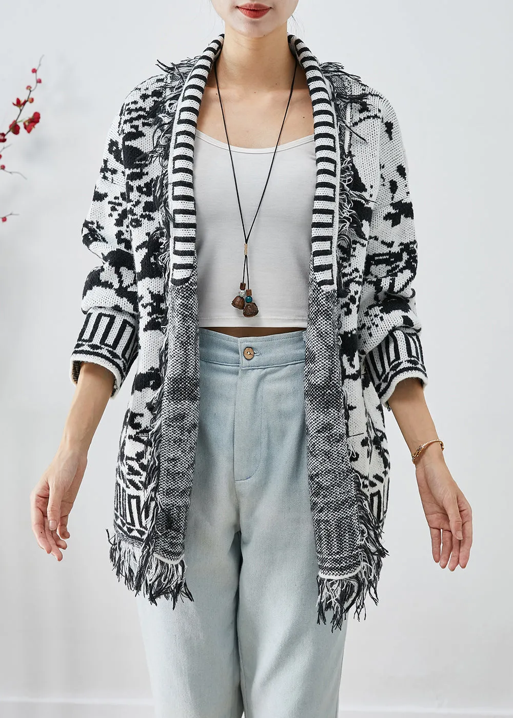 Unique White Tasseled Jacquard Knit Cardigan Fall