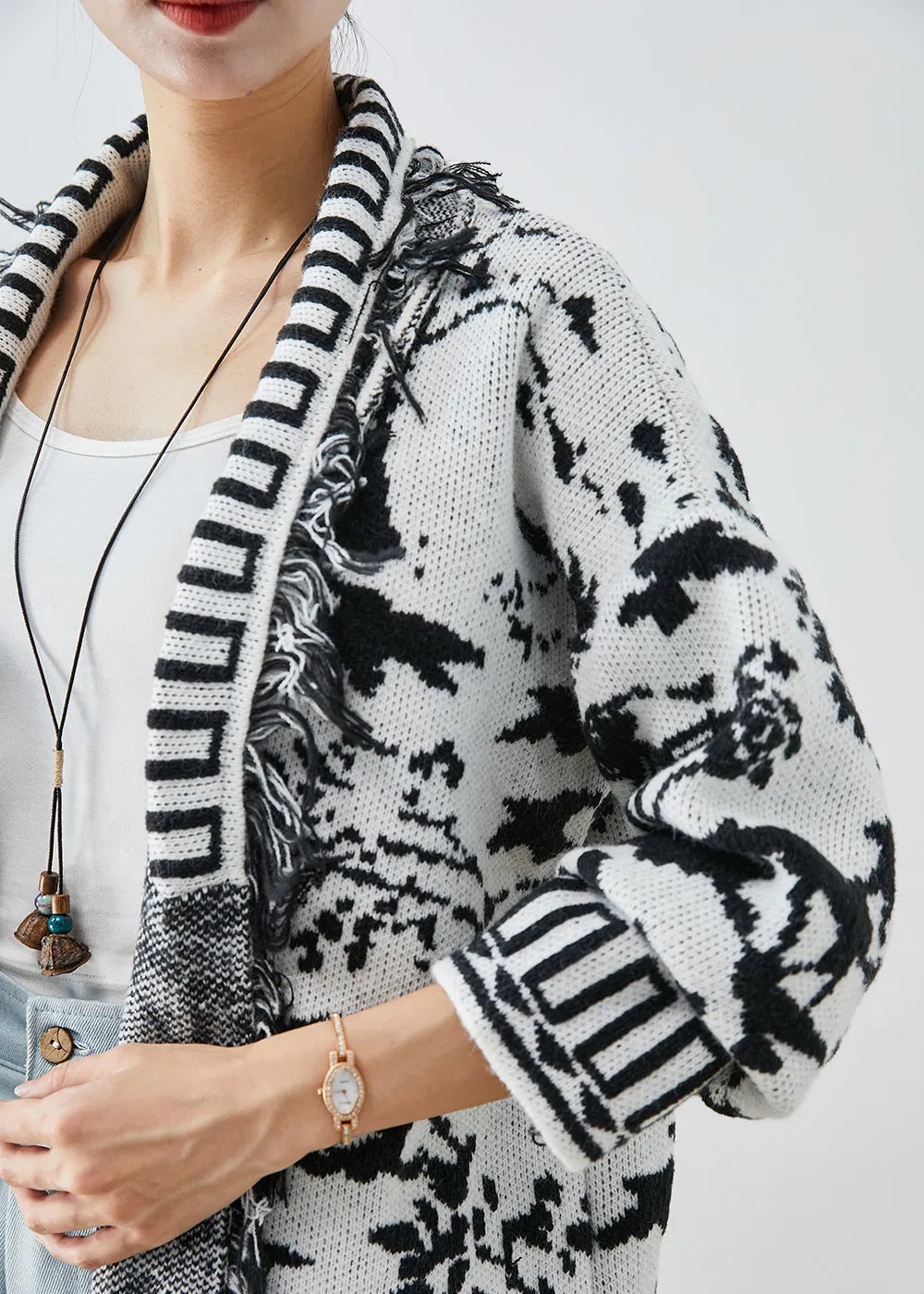 Unique White Tasseled Jacquard Knit Cardigan Fall