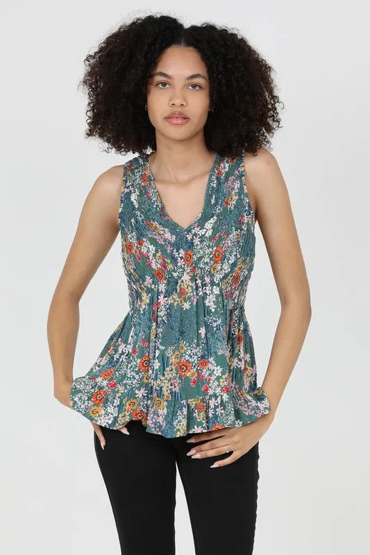 V-NECK FLORAL PRINT TANK TOP (GREEN)