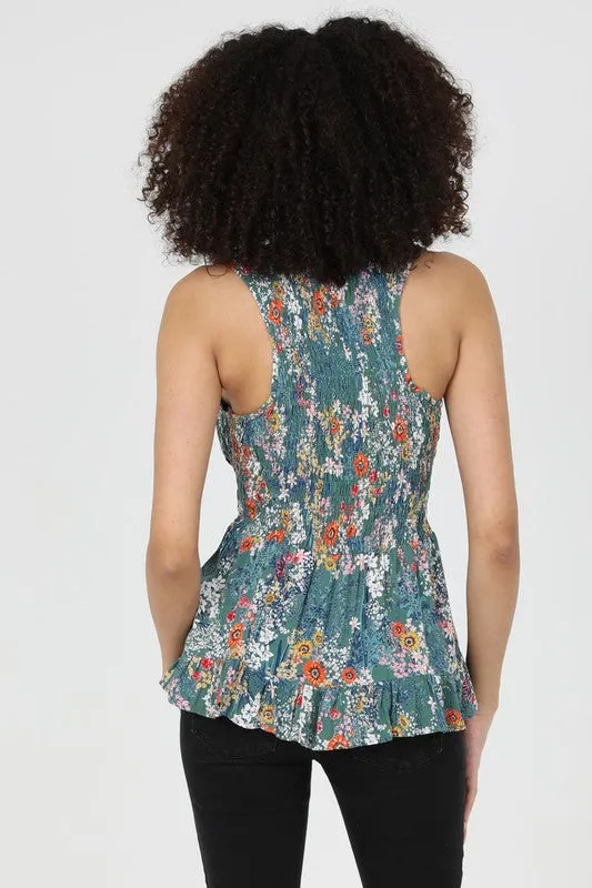 V-NECK FLORAL PRINT TANK TOP (GREEN)