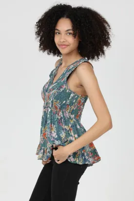 V-NECK FLORAL PRINT TANK TOP (GREEN)