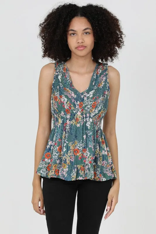 V-NECK FLORAL PRINT TANK TOP (GREEN)