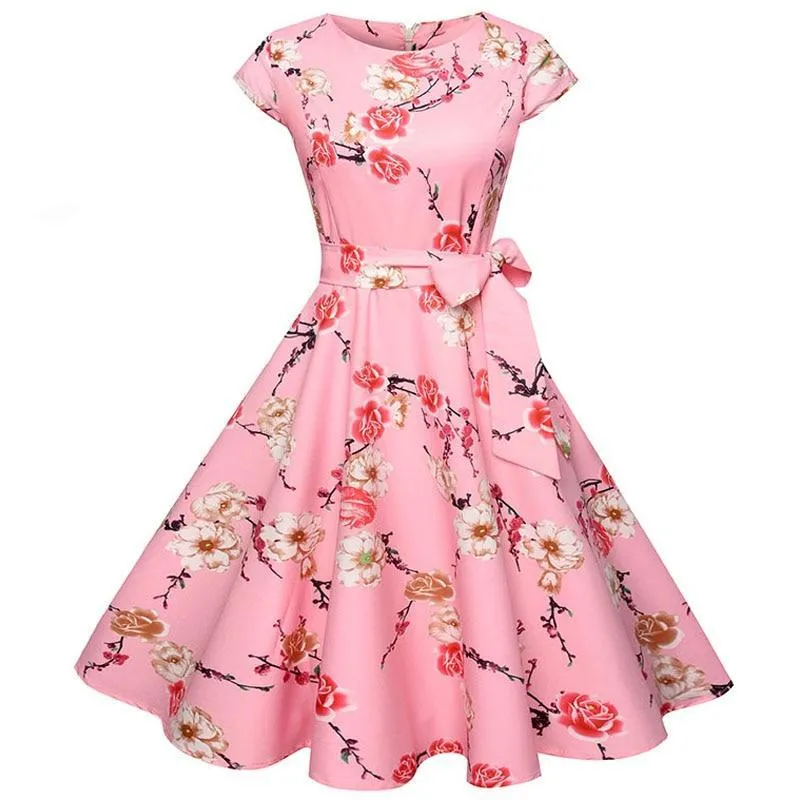 VenusFox Floral Dress 50s Vintage Casual Elegant Print O-Neck Party Work Office Dress