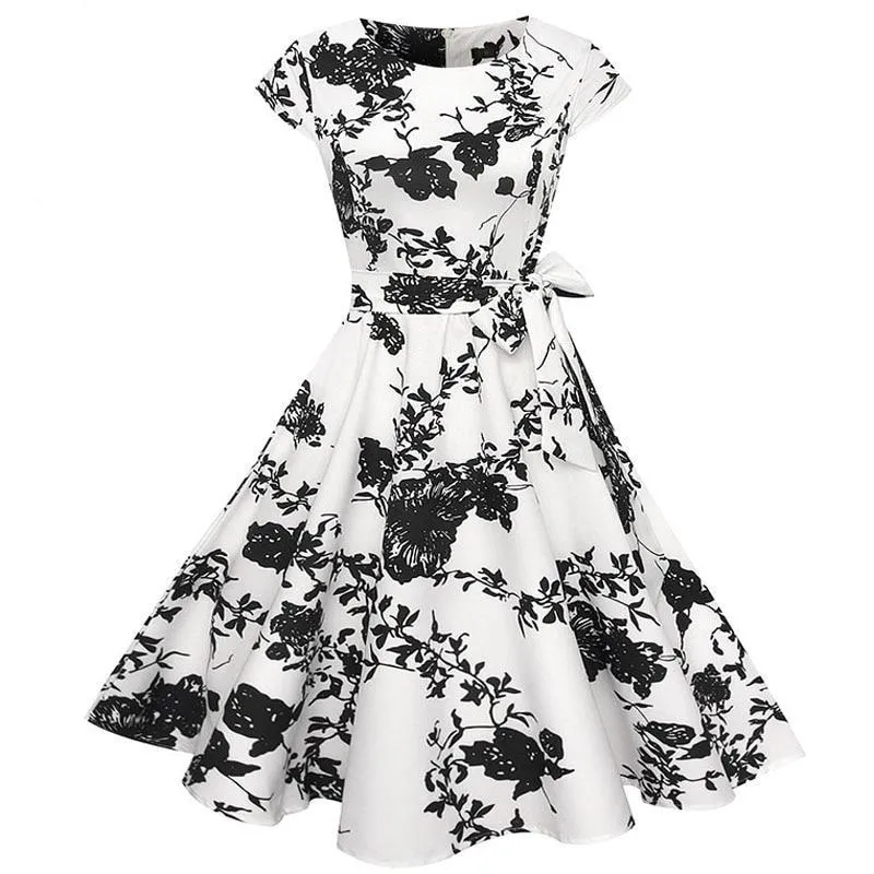 VenusFox Floral Dress 50s Vintage Casual Elegant Print O-Neck Party Work Office Dress