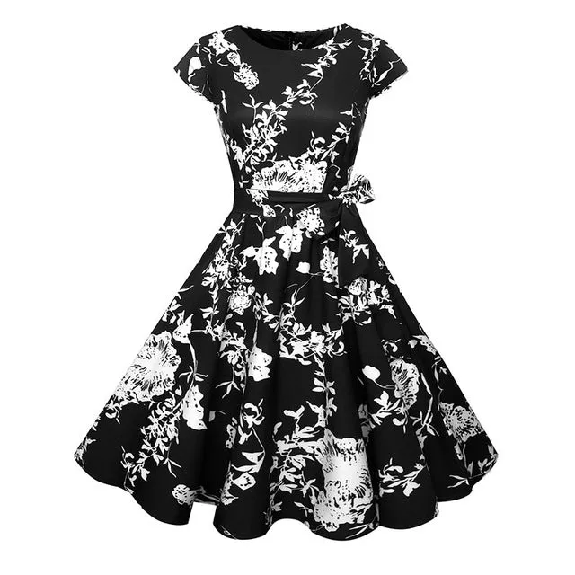 VenusFox Floral Dress 50s Vintage Casual Elegant Print O-Neck Party Work Office Dress