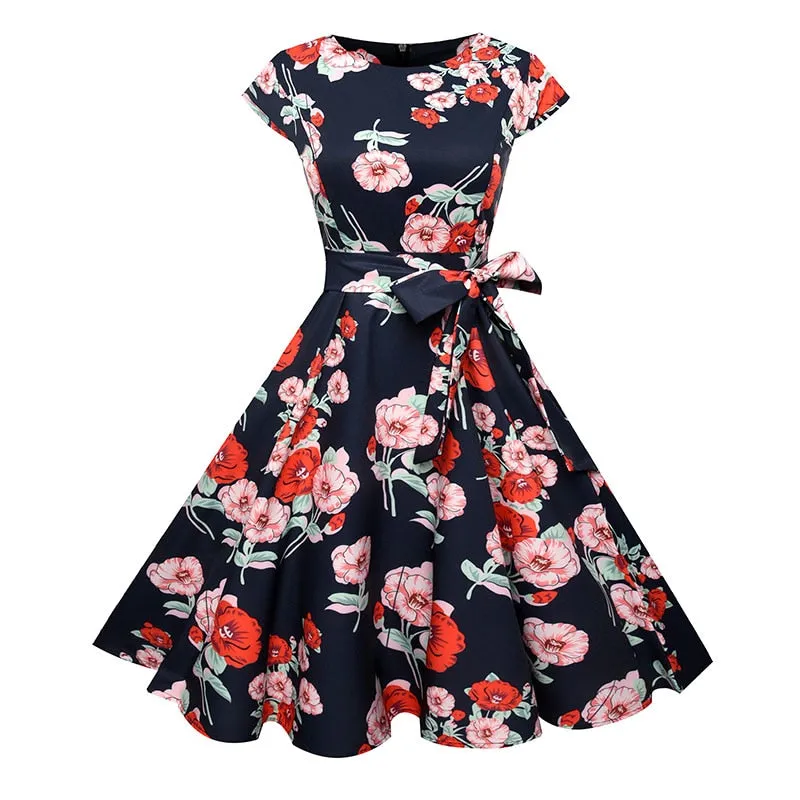 VenusFox Floral Dress 50s Vintage Casual Elegant Print O-Neck Party Work Office Dress