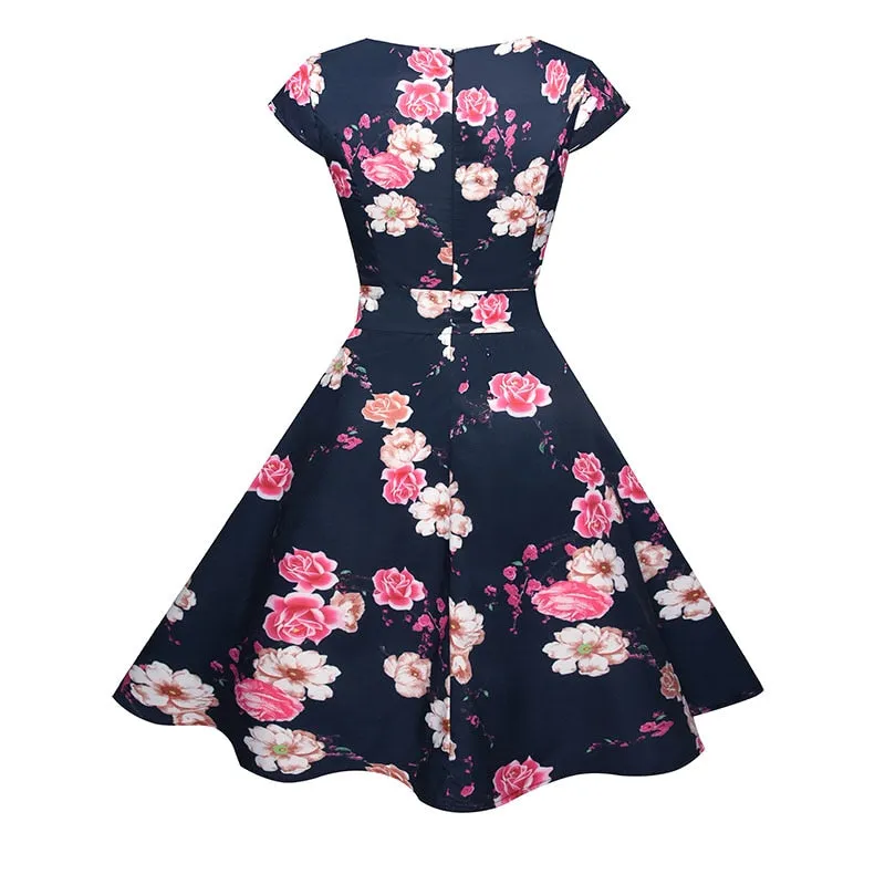 VenusFox Floral Dress 50s Vintage Casual Elegant Print O-Neck Party Work Office Dress